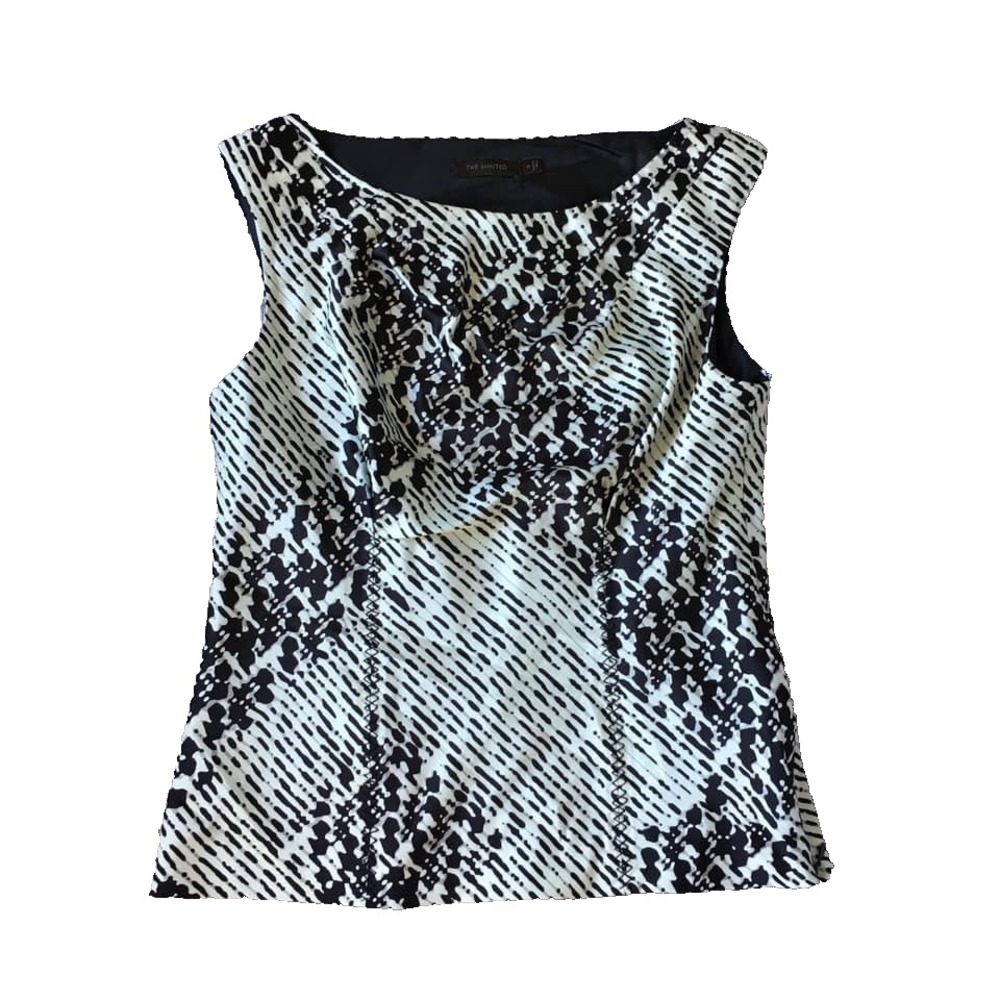 Y2K Silky Glam Top Women M 8 10 Limited Black Gray Print Sleeveless Shell Office